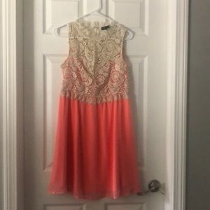 Coral and lace gold sleeveless dress, size L